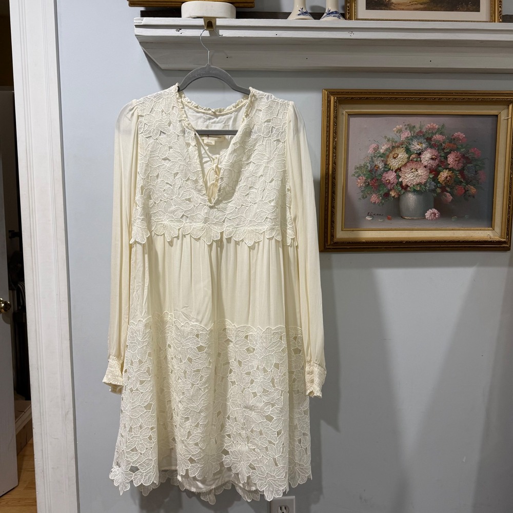 Anthropologie Ivory Lace Mini Dress Large Boho Bridal Cottagecore Honeymoon‎